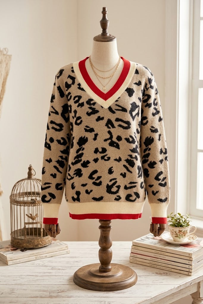 Lawayna Khaki Leopard Pattern V-Neck Contrast Rib Knitted Sweater