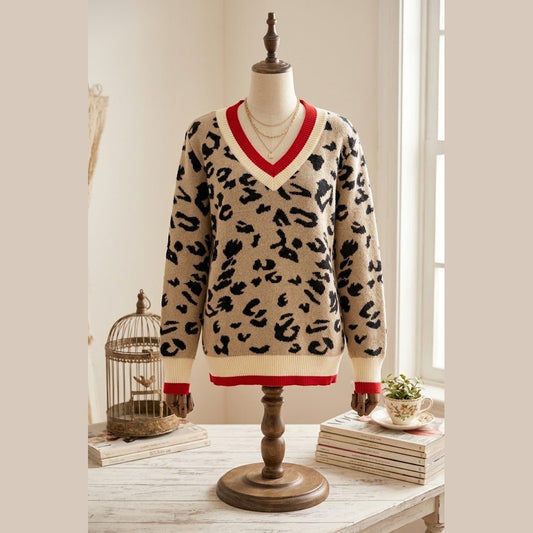 Lawayna Khaki Leopard Pattern V-Neck Contrast Rib Knitted Sweater