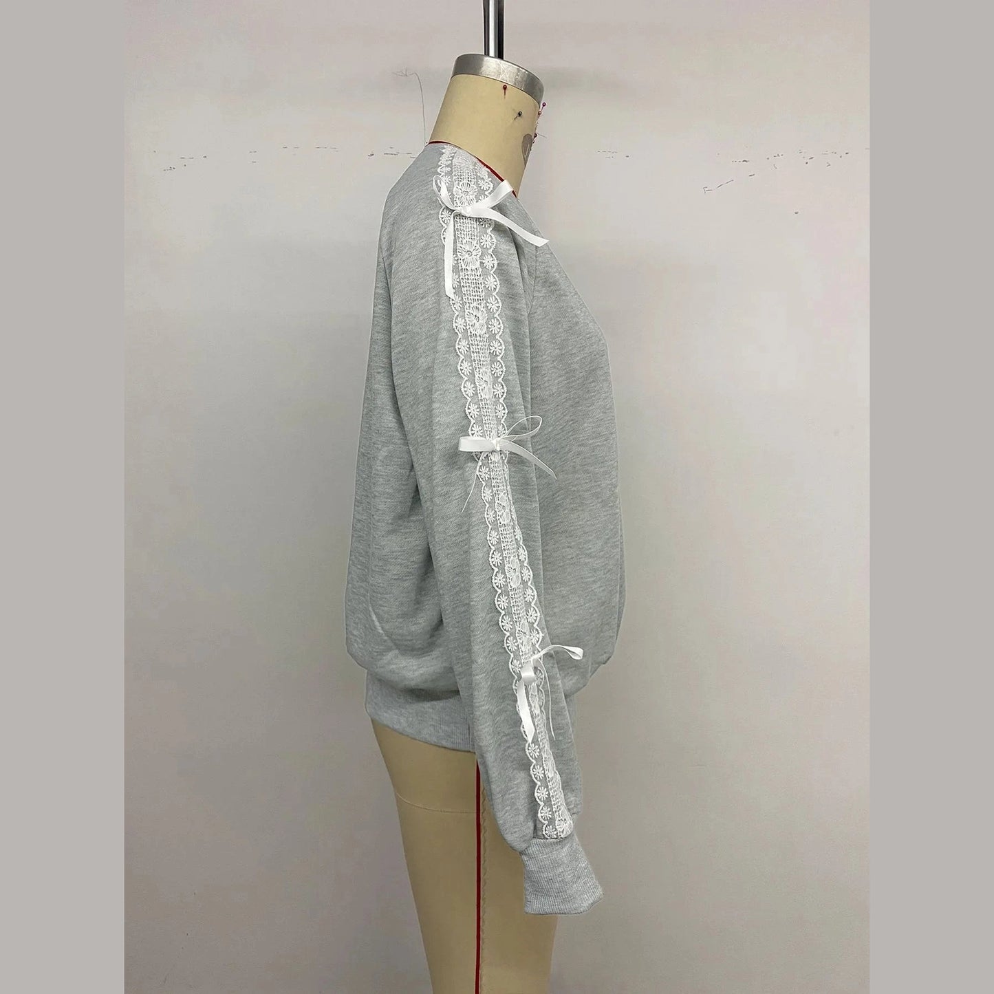 Bristol Grey Bow Lace Detail Long Sleeve Sweatshirt