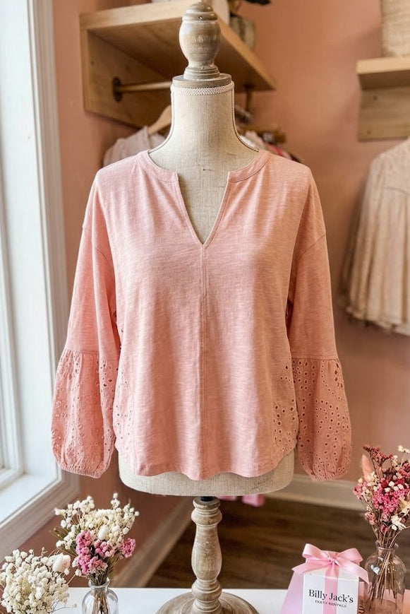 SALE!!!  Annabeth Light Pink Keyhole Notch V Neck Batwing Sleeve Blouse