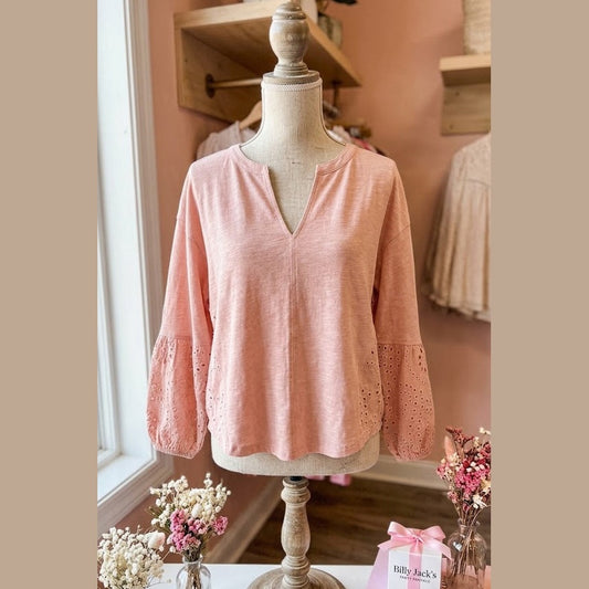 SALE!!!  Annabeth Light Pink Keyhole Notch V Neck Batwing Sleeve Blouse