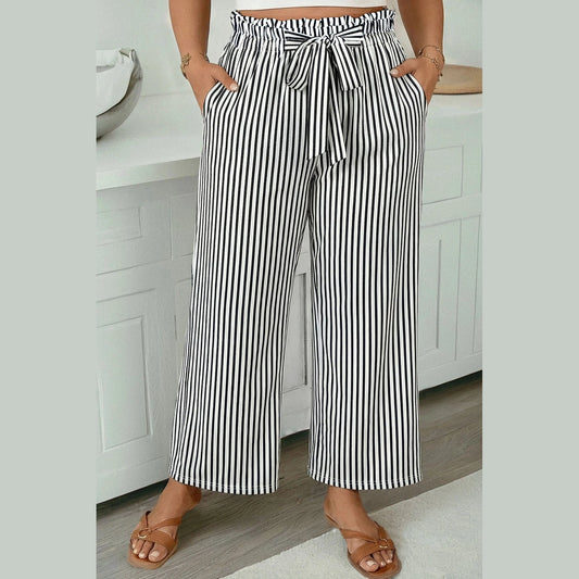 Brexli Black Stripe Plus Size Loose Straight Casual Pants