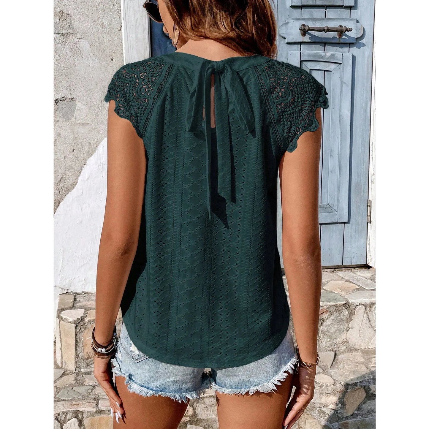 Blaise Green Lace‑Trim Textured Sleeveless Blouse
