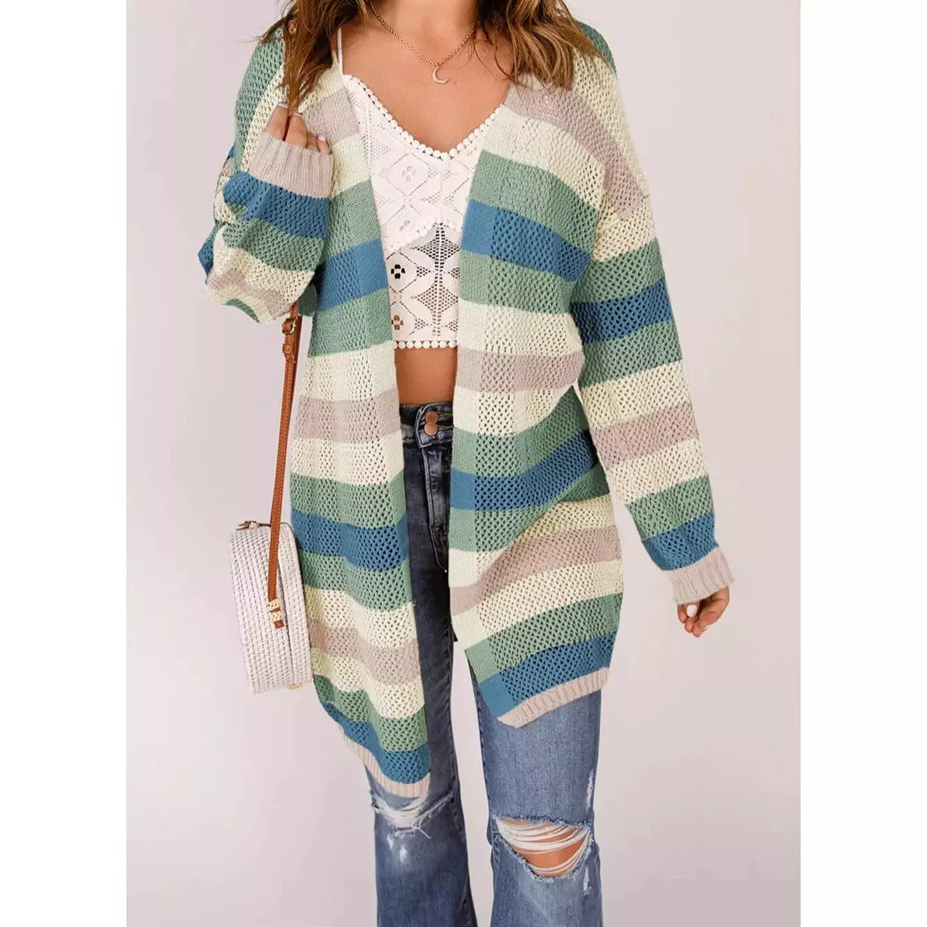 Henrietta Green Striped Color Block Hollowed Knit Cardigan