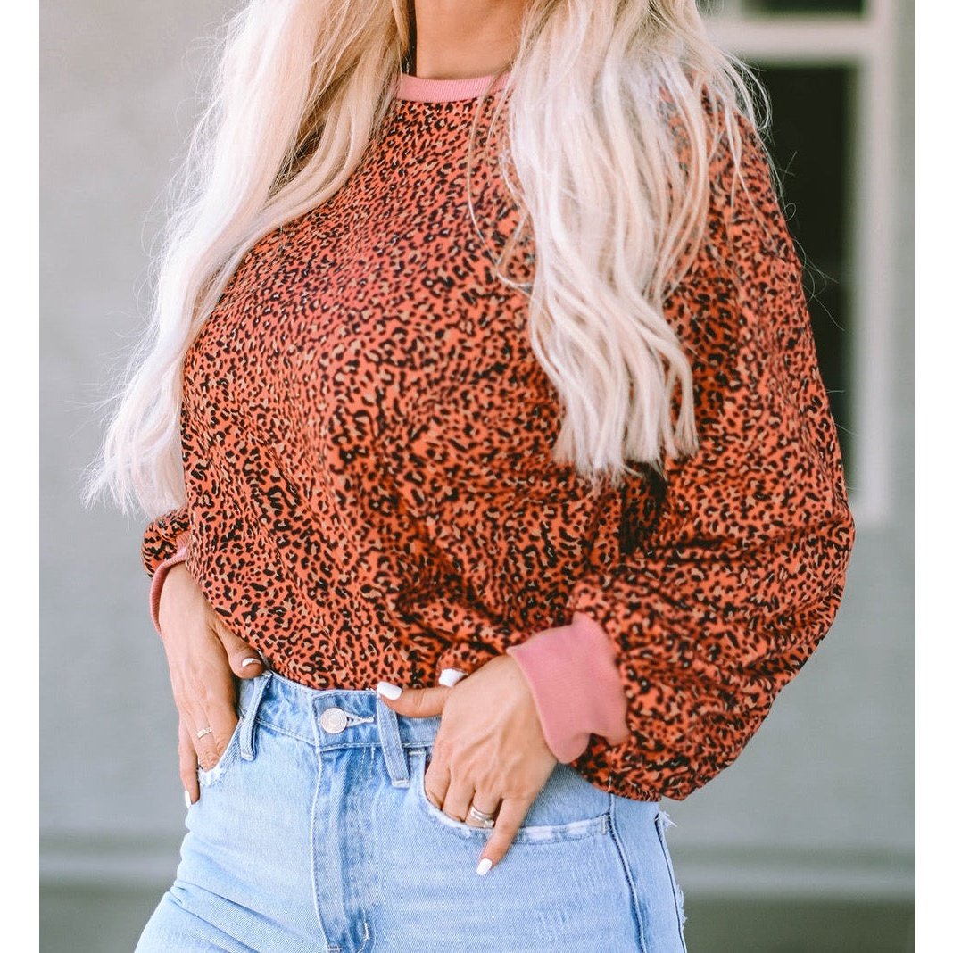 Graylynn Vintage Leopard Bubble Sleeve Pullover Sweatshirt