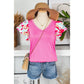 Babs Bonbon Pink V Neck Printed Ruffle Sleeve Patchwork T-shirt