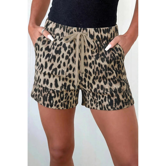 Babs Brown Retro Leopard Print Lace-up Elastic Waistband Mid Rise Denim Shorts
