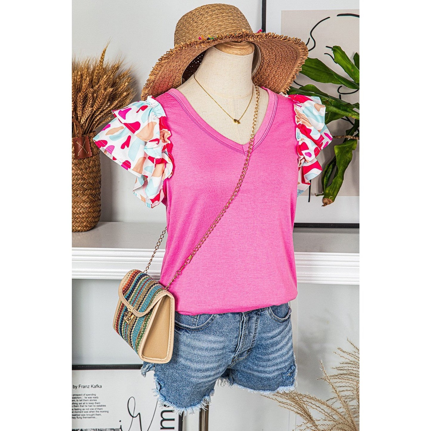 Babs Bonbon Pink V Neck Printed Ruffle Sleeve Patchwork T-shirt