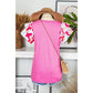 Babs Bonbon Pink V Neck Printed Ruffle Sleeve Patchwork T-shirt