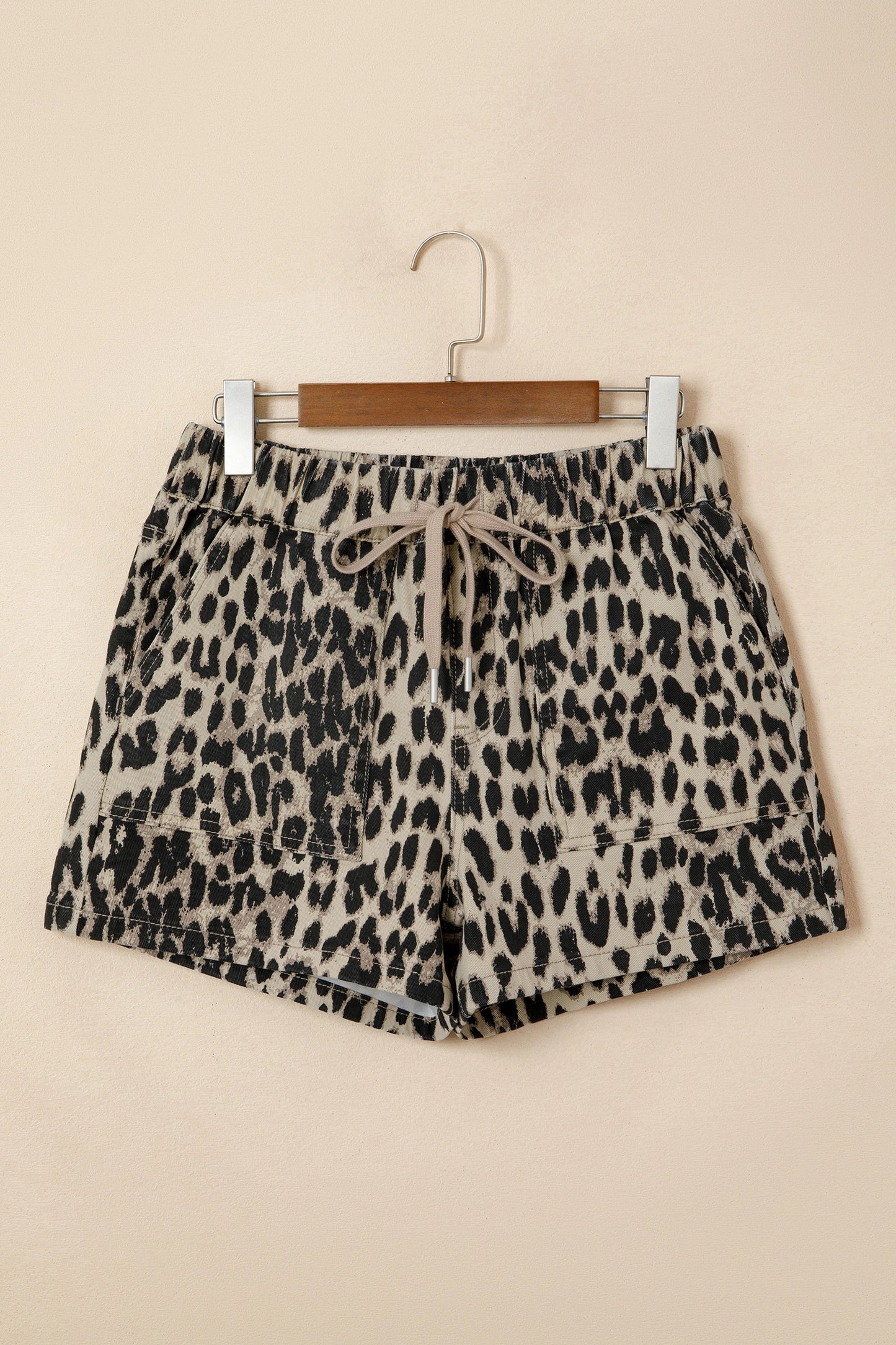 Babs Brown Retro Leopard Print Lace-up Elastic Waistband Mid Rise Denim Shorts