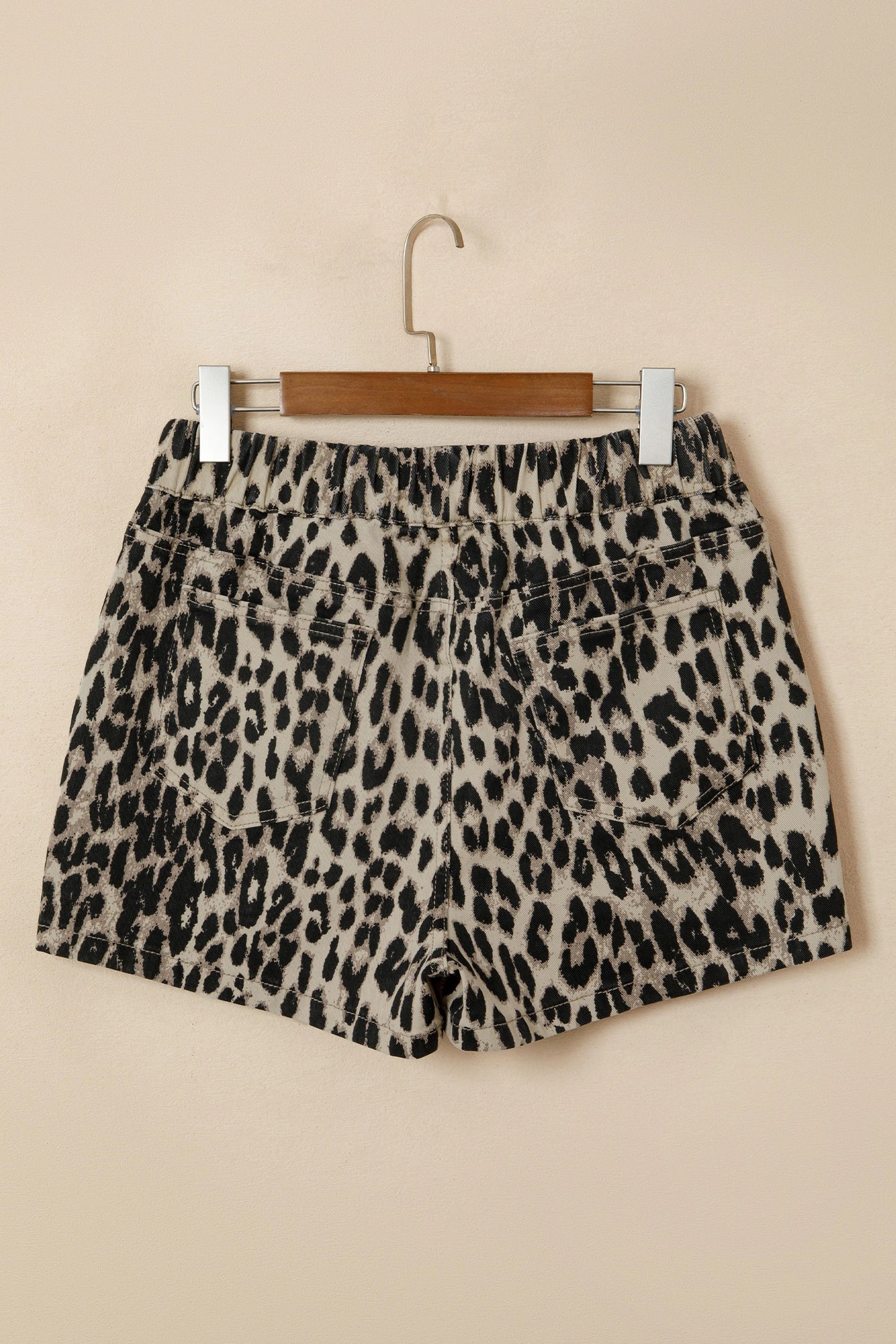 Babs Brown Retro Leopard Print Lace-up Elastic Waistband Mid Rise Denim Shorts