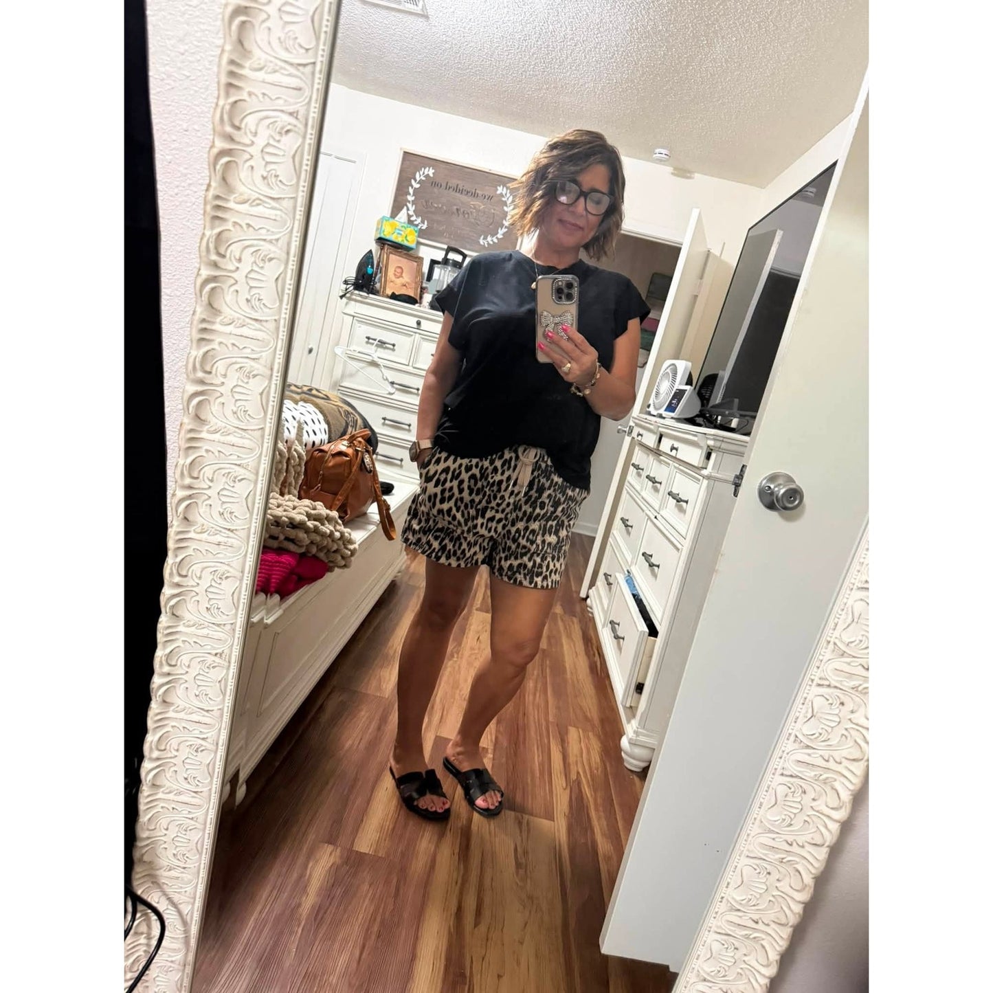 Babs Brown Retro Leopard Print Lace-up Elastic Waistband Mid Rise Denim Shorts