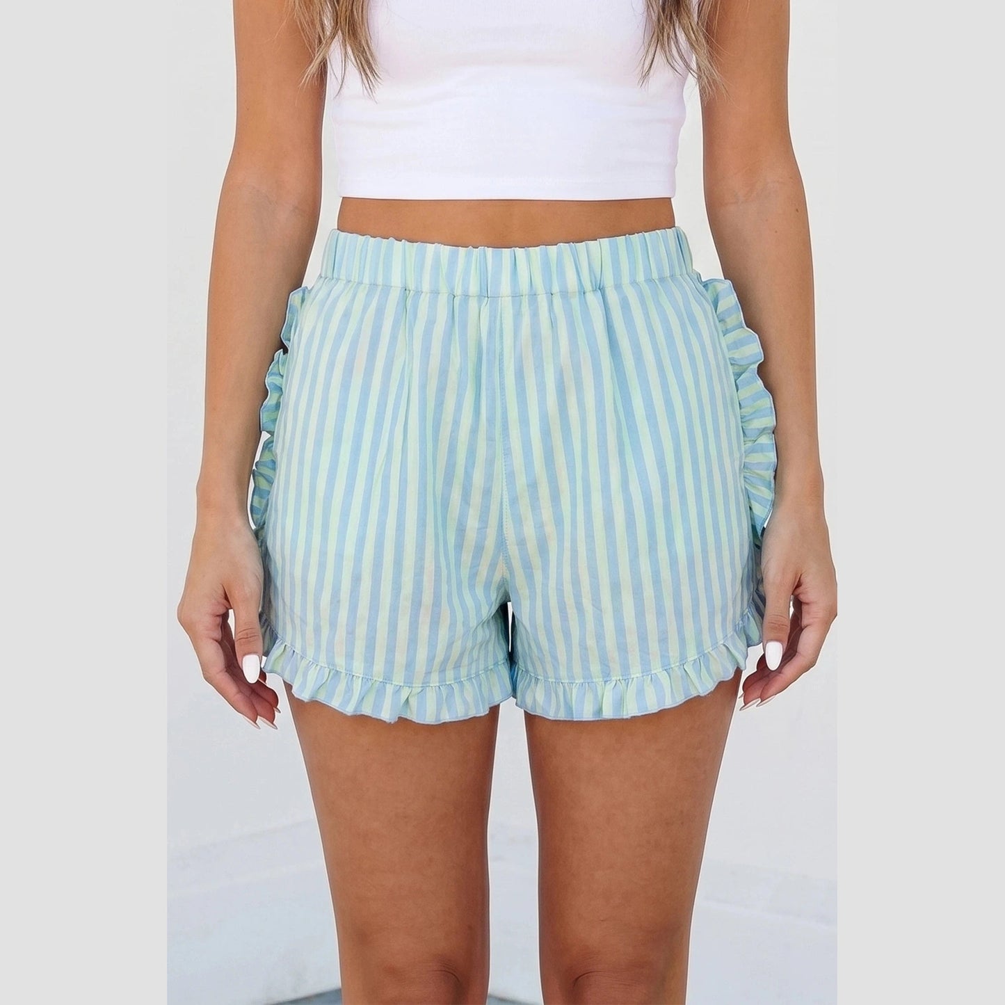 Bali Blue Stripe Elastic Waist Ruffle Trim Casual Shorts