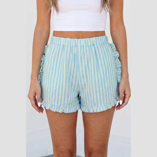 Bali Blue Stripe Elastic Waist Ruffle Trim Casual Shorts