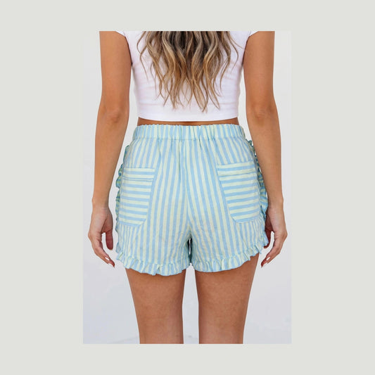 Bali Blue Stripe Elastic Waist Ruffle Trim Casual Shorts
