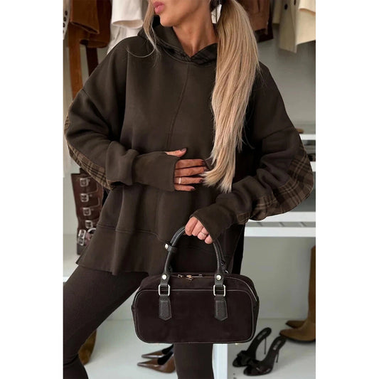 Ballie Brown Plaid Patchwork Side Slit Sweatshirt