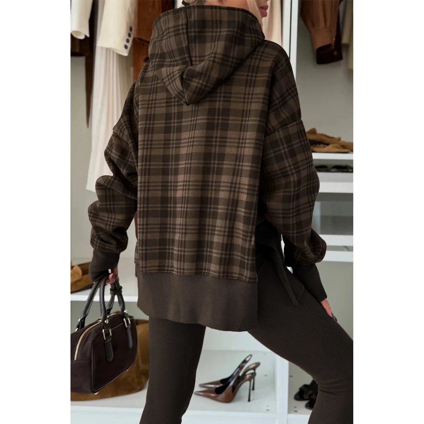 Ballie Brown Plaid Patchwork Side Slit Sweatshirt