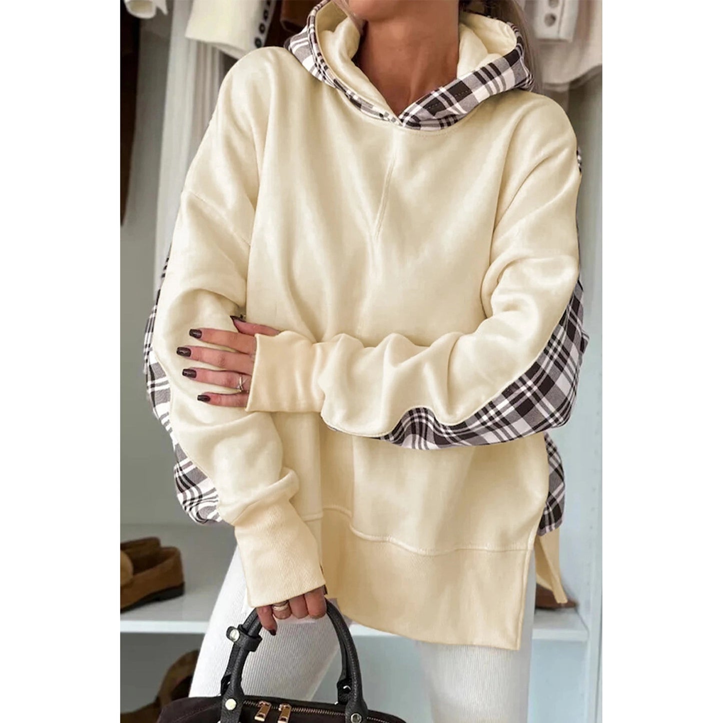 Ballie Beige Plaid Patchwork Side Slit Sweatshirt