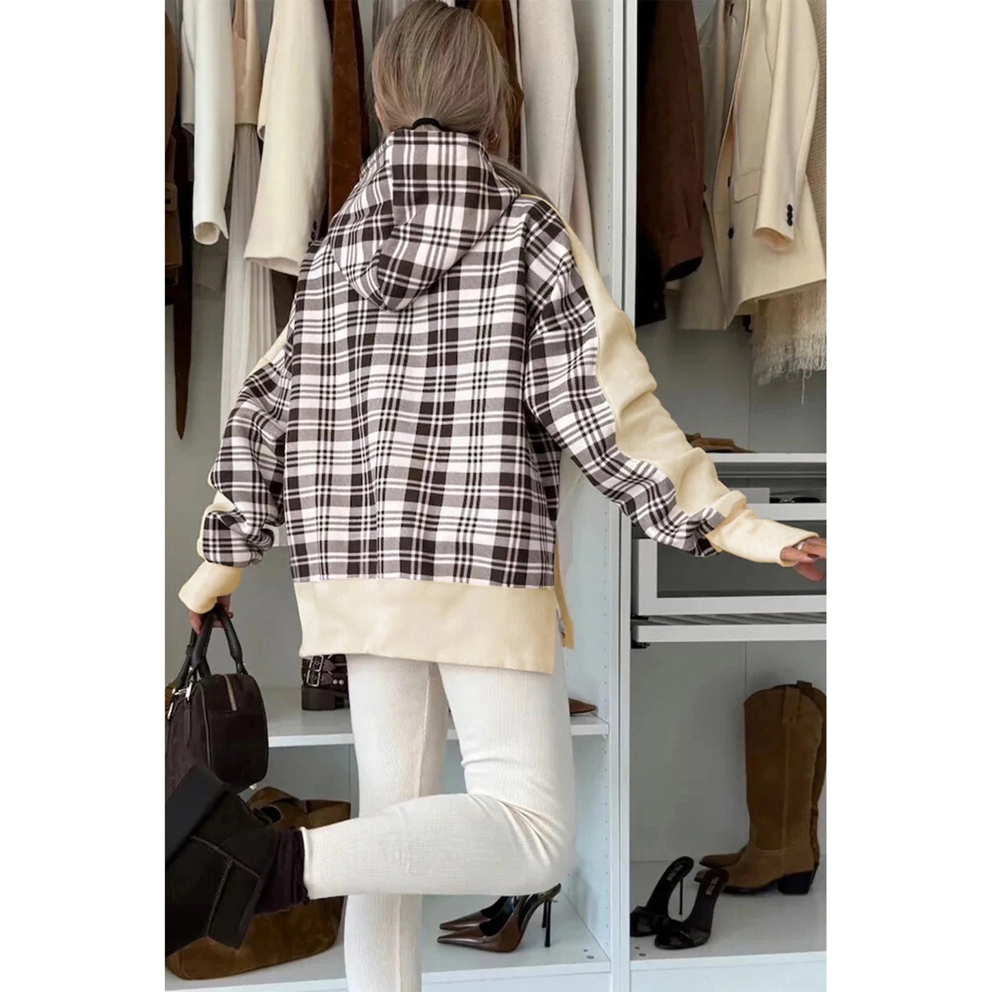 Ballie Beige Plaid Patchwork Side Slit Sweatshirt