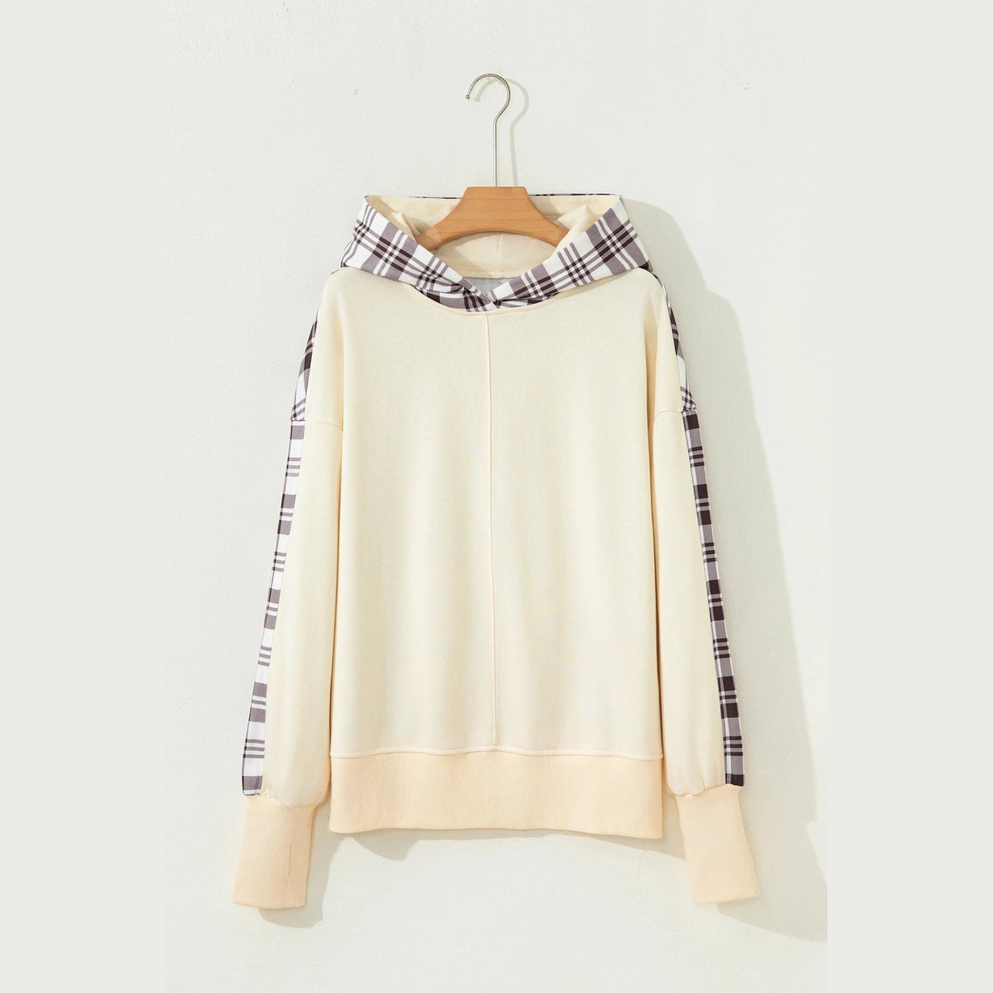 Ballie Beige Plaid Patchwork Side Slit Sweatshirt