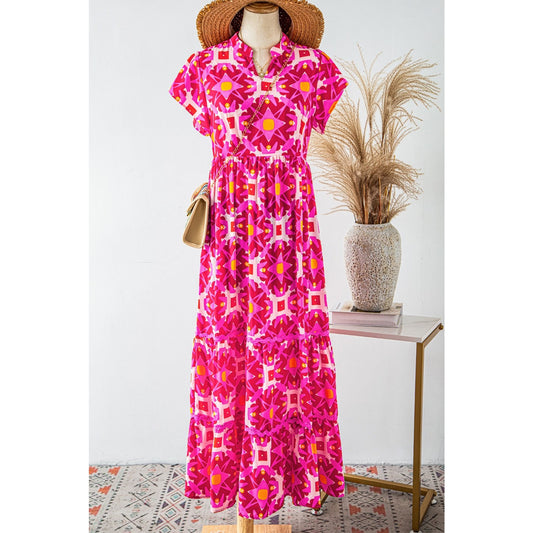 Bambi Strawberry Pink Geo Print V-neck Maxi Dress