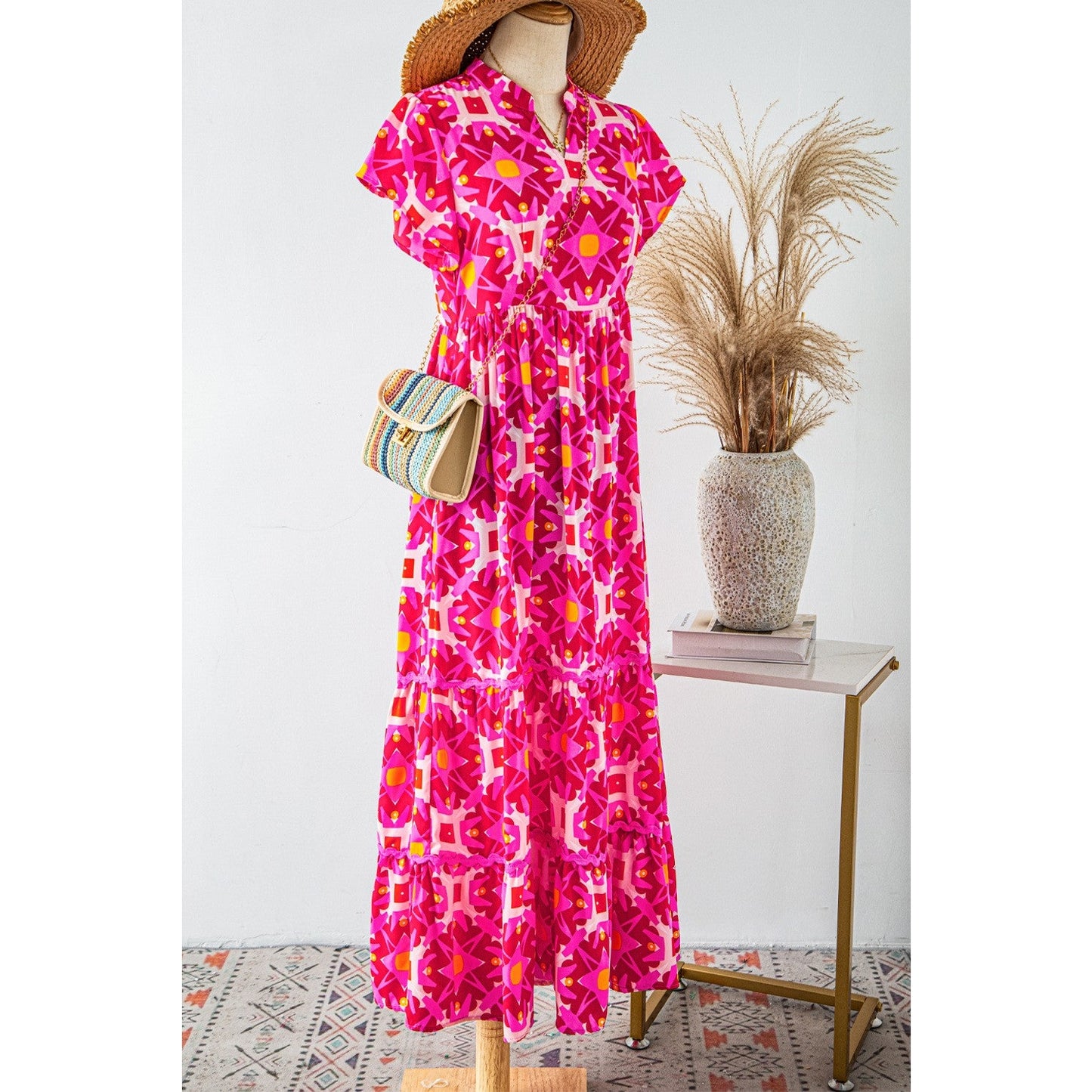 Bambi Strawberry Pink Geo Print V-neck Maxi Dress