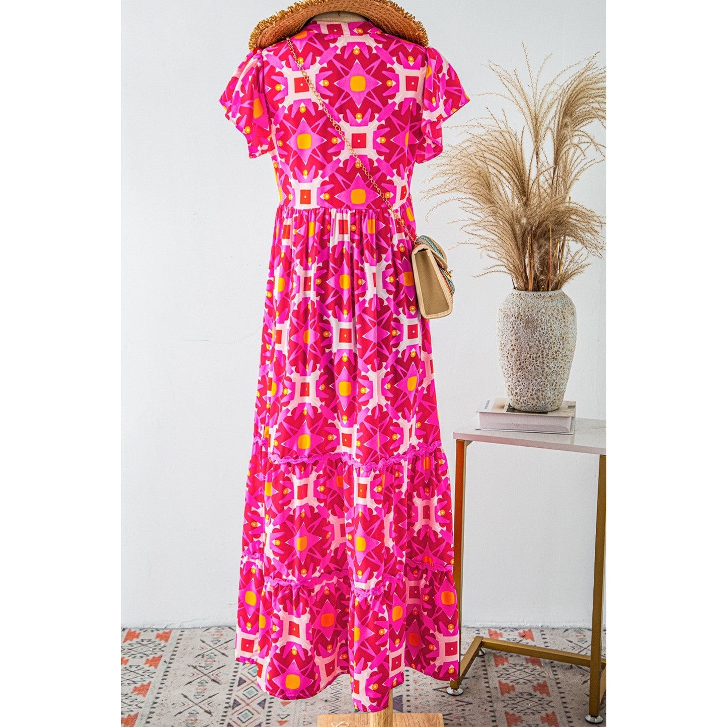 Bambi Strawberry Pink Geo Print V-neck Maxi Dress