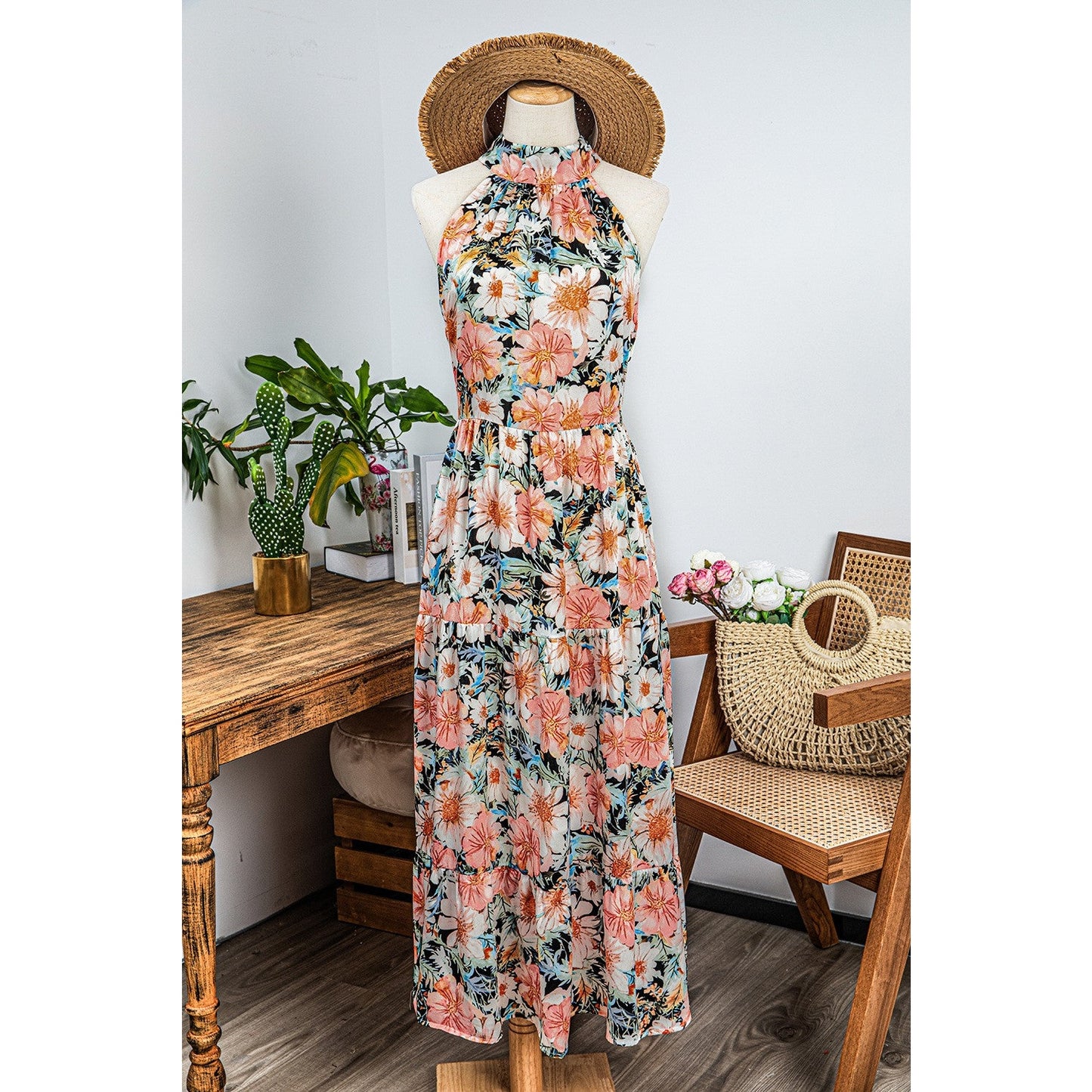 Barbie Boho Floral Print Knotted Halter Ruffled Maxi Dress