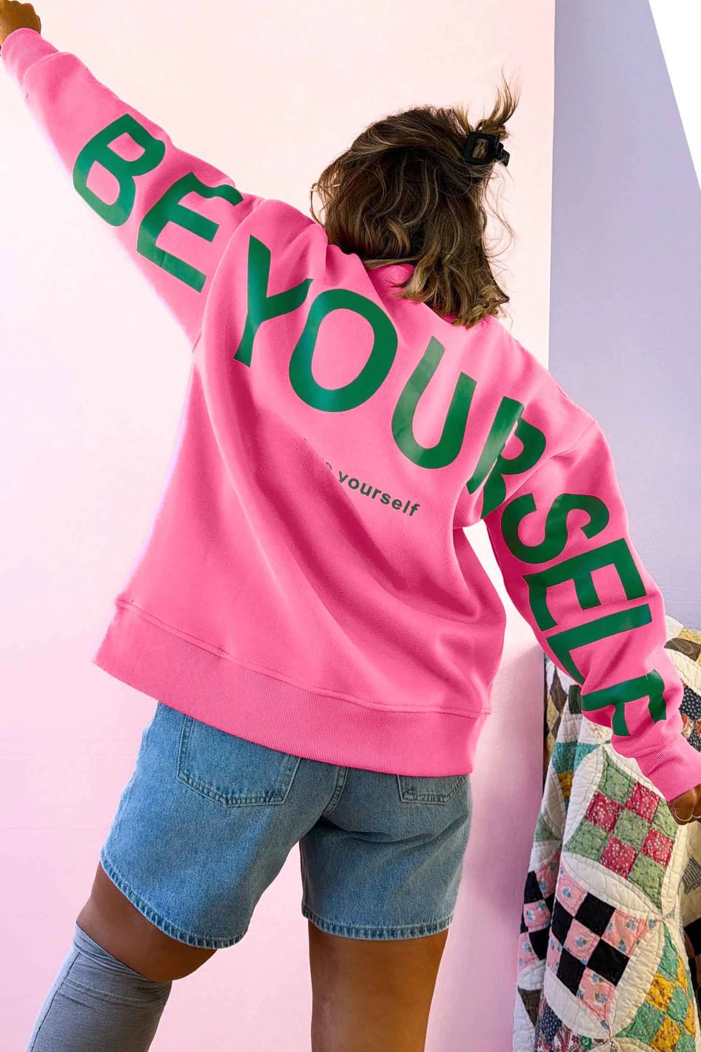 Sachet Pink Be Yourself Slogan Print Round Neck Long Sleeve Sweatshirt