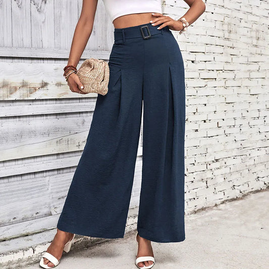 Beatrice Blue Belted High Waist Wide Leg Pants