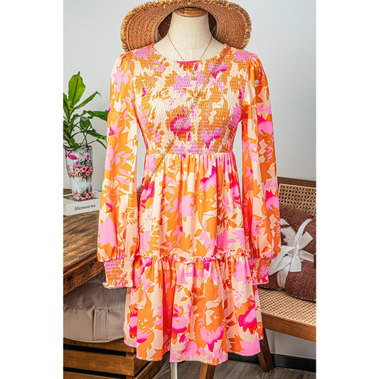 Beatrix Orange Abstract Print Smocked Lantern Sleeve Ruffle Mini Dress