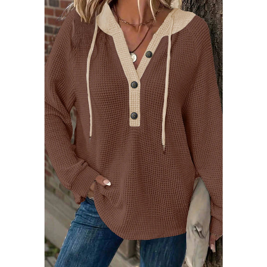 Beatrix Coffee Waffle Contrast Half Buttoned Hooded Pullover Top