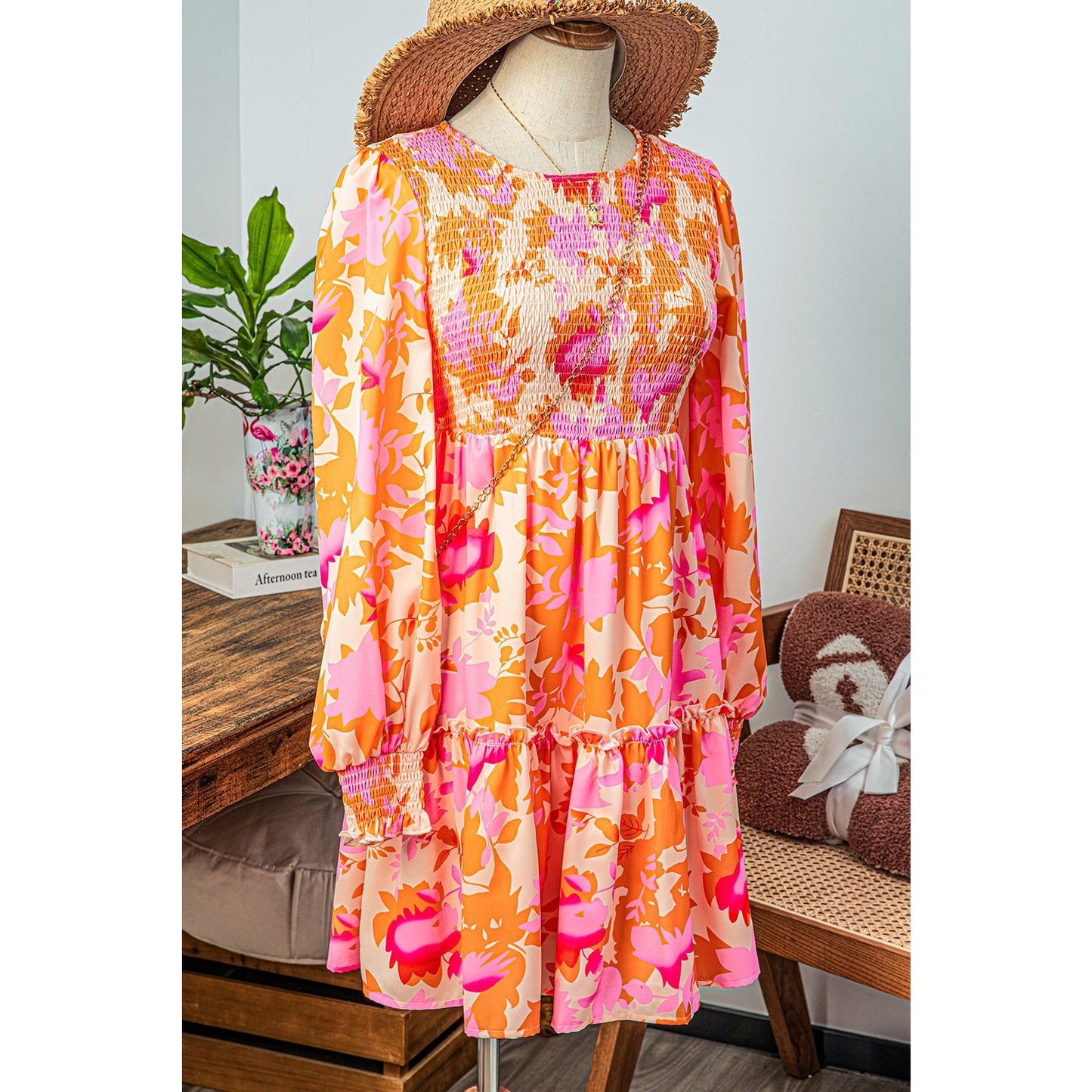 Beatrix Orange Abstract Print Smocked Lantern Sleeve Ruffle Mini Dress