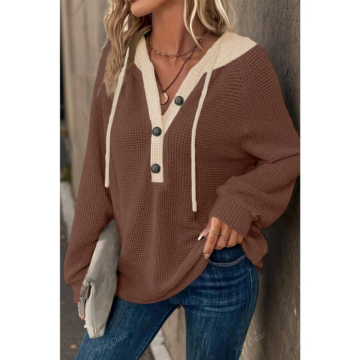 Beatrix Coffee Waffle Contrast Half Buttoned Hooded Pullover Top