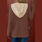 Beatrix Coffee Waffle Contrast Half Buttoned Hooded Pullover Top