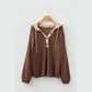 Beatrix Coffee Waffle Contrast Half Buttoned Hooded Pullover Top