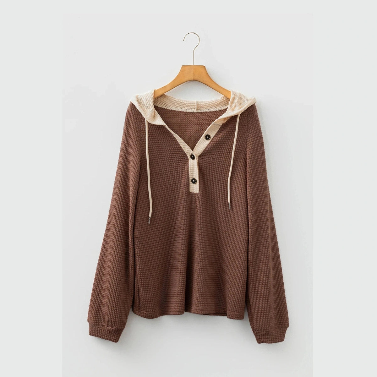 Beatrix Coffee Waffle Contrast Half Buttoned Hooded Pullover Top