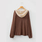 Beatrix Coffee Waffle Contrast Half Buttoned Hooded Pullover Top