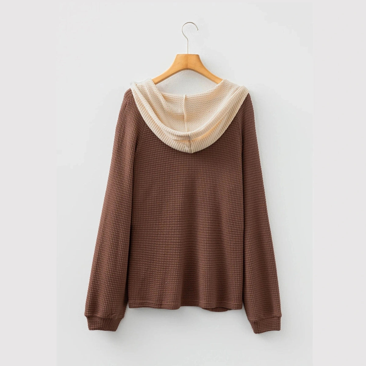 Beatrix Coffee Waffle Contrast Half Buttoned Hooded Pullover Top