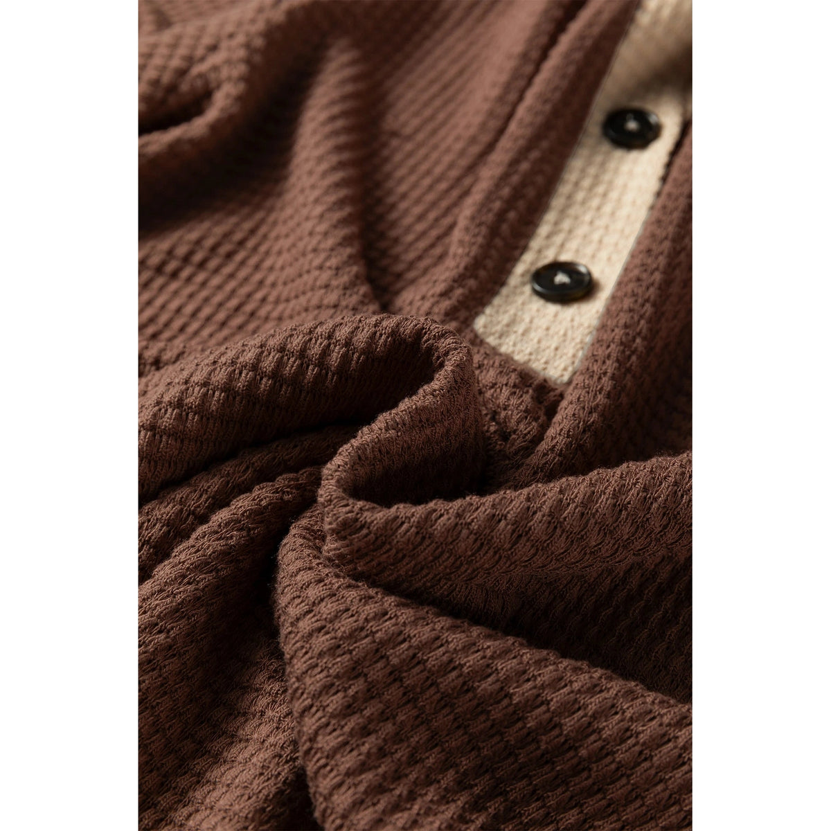 Beatrix Coffee Waffle Contrast Half Buttoned Hooded Pullover Top