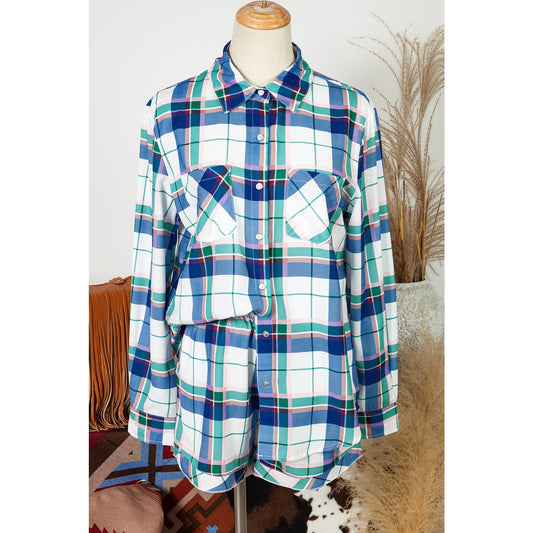 Beatriz Blue Plaid Print Shirt and Shorts 2Pcs Lounge Set
