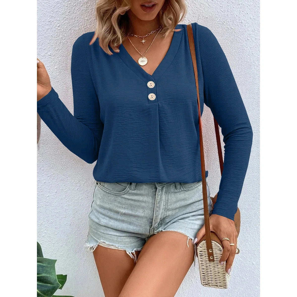 Beatriz Blue V Neck Faux Button Long Sleeve Blouse