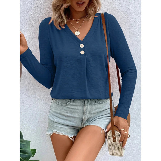 Beatriz Blue V Neck Faux Button Long Sleeve Blouse