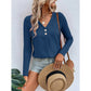 Beatriz Blue V Neck Faux Button Long Sleeve Blouse