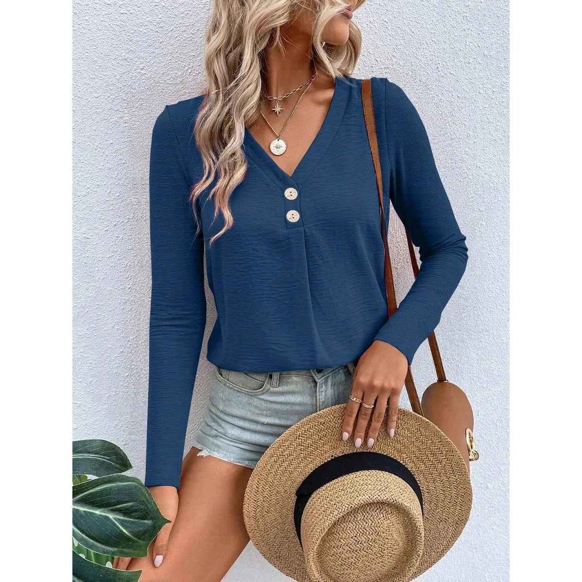 Beatriz Blue V Neck Faux Button Long Sleeve Blouse