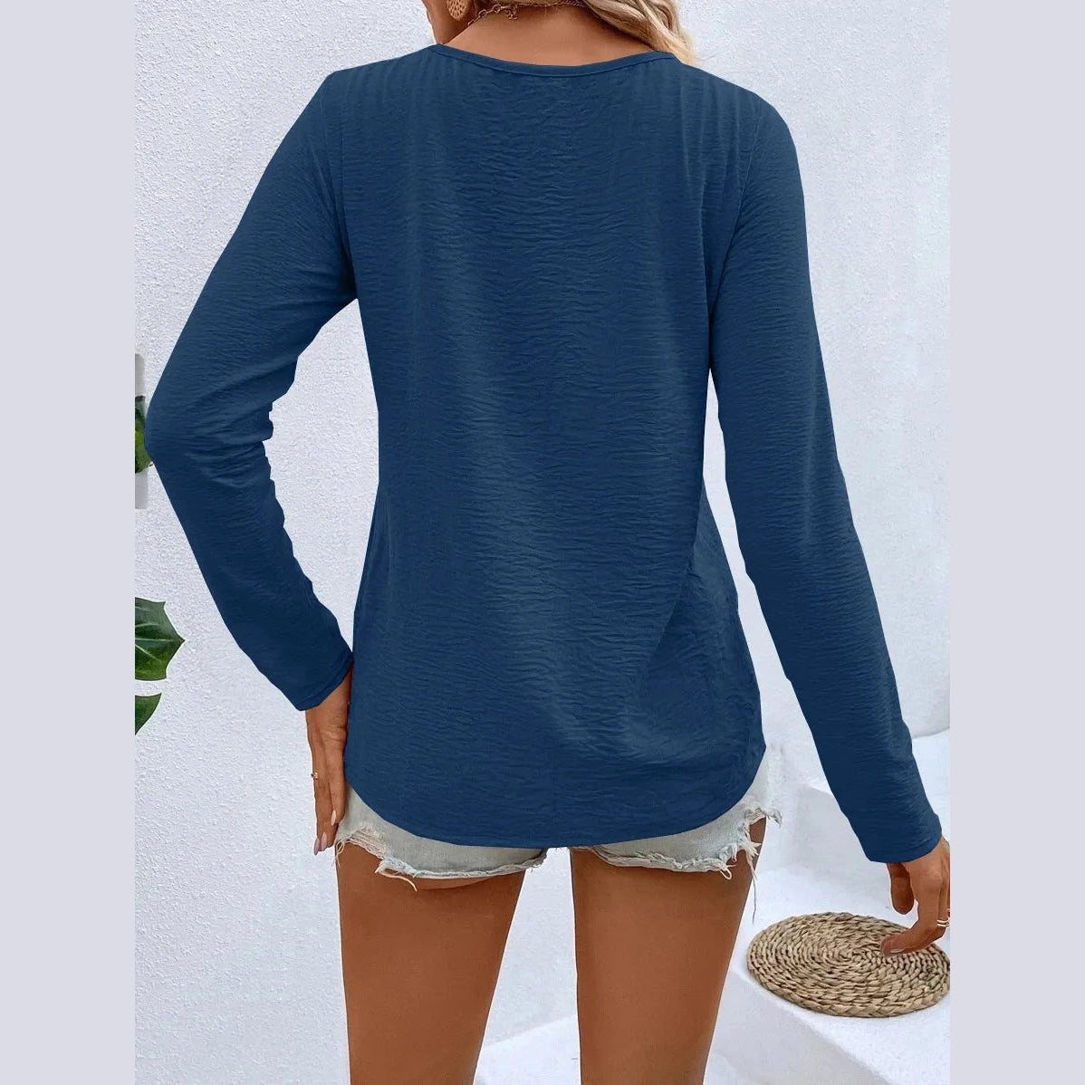 Beatriz Blue V Neck Faux Button Long Sleeve Blouse