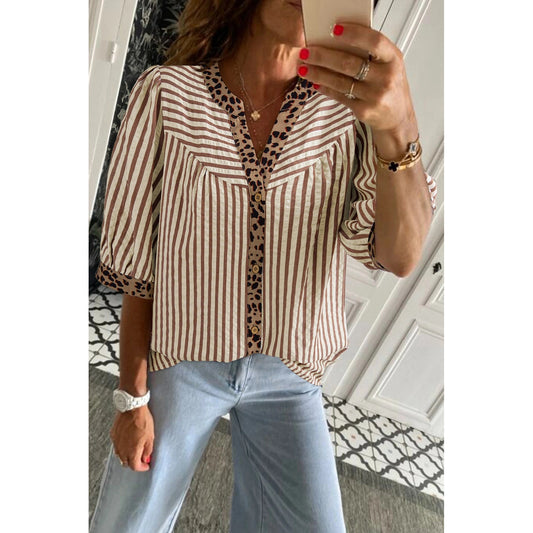 Becka Brown Stripe Leopard Trim V Neck Button Down Half Sleeve Shirt