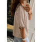 Becka Brown Stripe Leopard Trim V Neck Button Down Half Sleeve Shirt