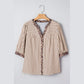 Becka Brown Stripe Leopard Trim V Neck Button Down Half Sleeve Shirt