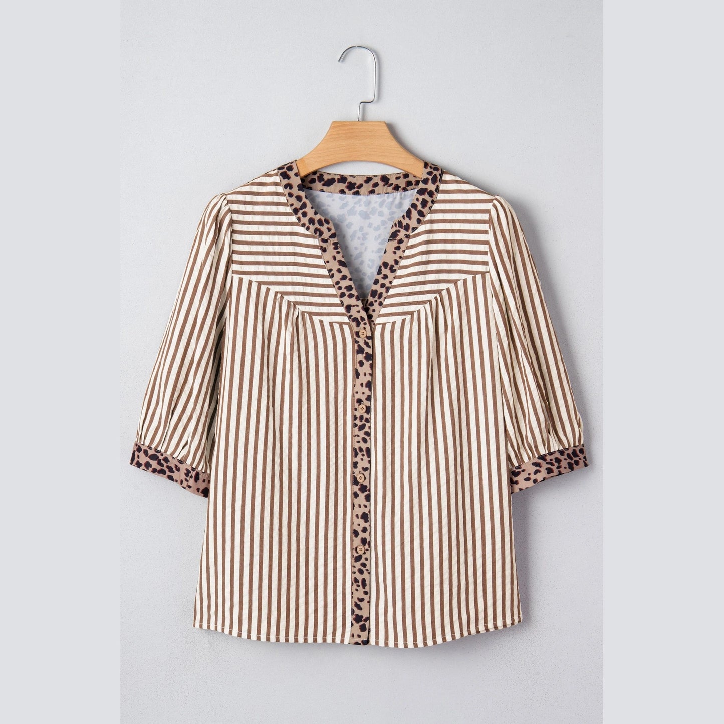Becka Brown Stripe Leopard Trim V Neck Button Down Half Sleeve Shirt